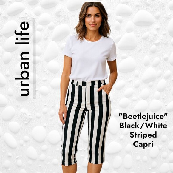 Ladies Black/White Striped Capris - Size 30-31" "BEETLEJUICE" Inspired - NWOT - Picture 1 of 7